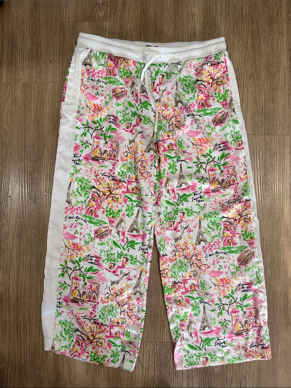 New White Drawstring Pants with Pink & Green Paris Print PXL